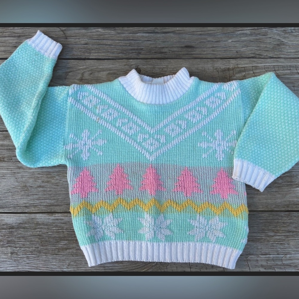 Vintage Little Kids Mint Green Pink, Yellow & White Sweater